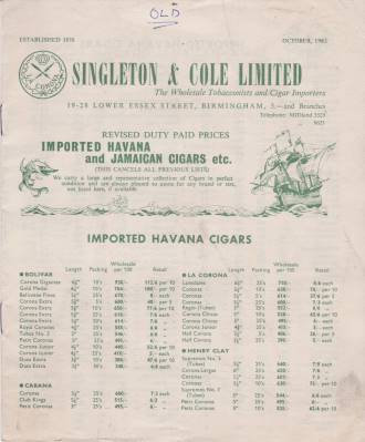 1962 Singleton and Cole Price List
