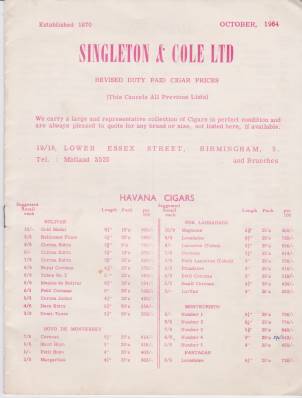 1964 Singleton and Cole Price List