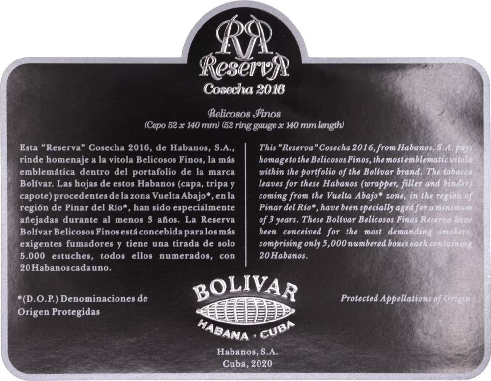 Bolívar Reserva Cosecha 2016 packaging