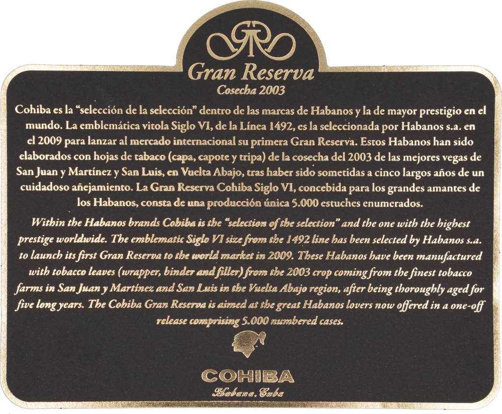 Cohiba Gran Reserva Cosecha 2003 packaging