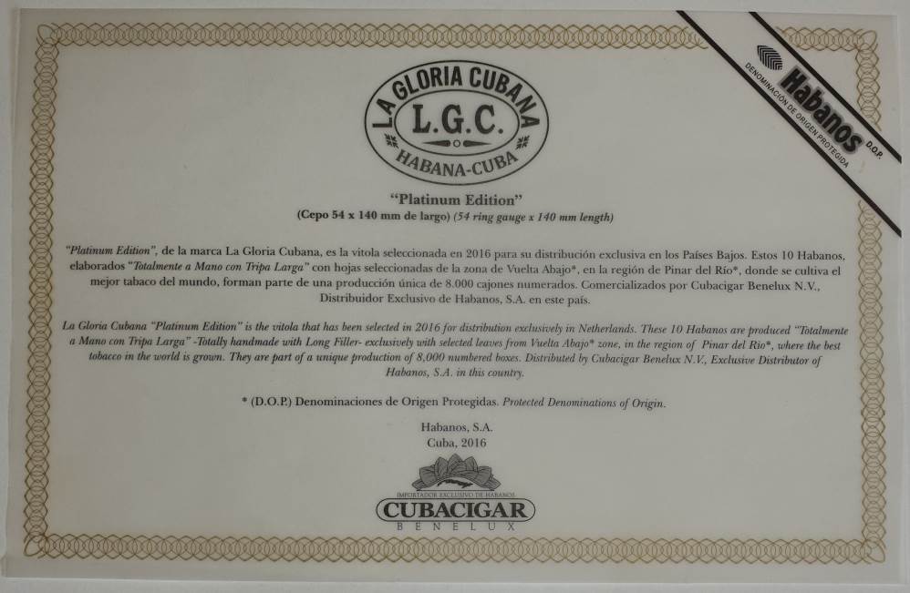 La Gloria Cubana Edición Regional Países Bajos packaging